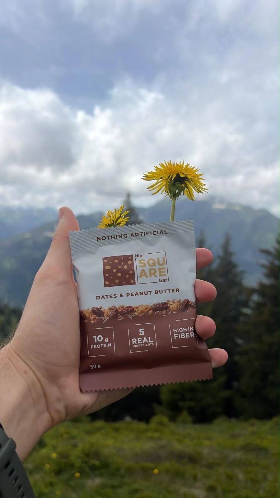 Ein Riegel von The Square Bar neben einer Blume in den Bergen